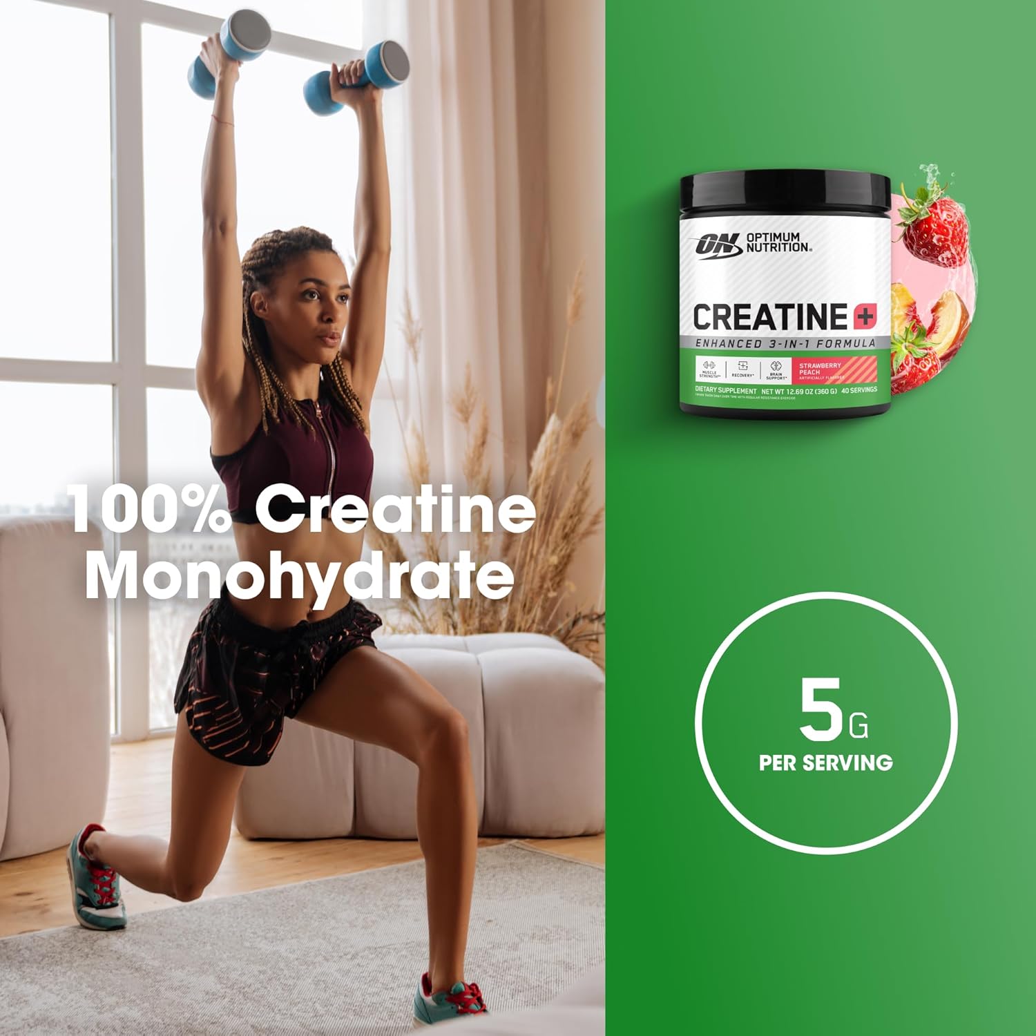 Optimum Nutrition Creatine Monohydrate Plus Powder, Strawberry Peach Flavored Creatine Performance Blend, with Electrolytes for Hydration, Added Vitamins, 40 Servings, 360 Grams (Packaging May Vary)
