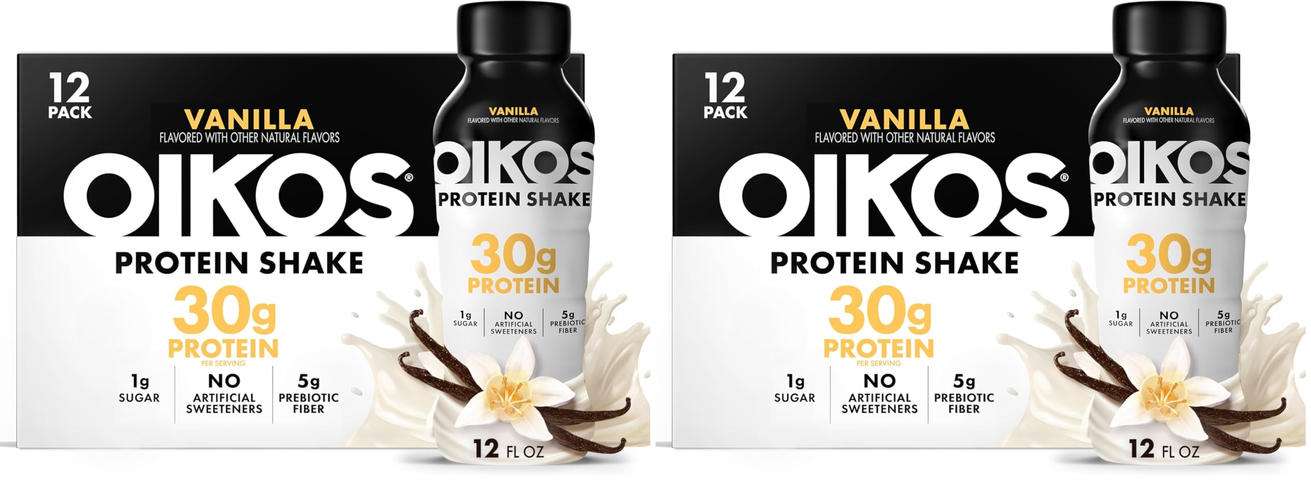 Oikos Protein Shake, Salted Caramel, 30g High Protein Drinks, Shelf Stable, Ready to Drink, 5g Prebiotic Fiber, 12 fl oz Bottle, 12 Count