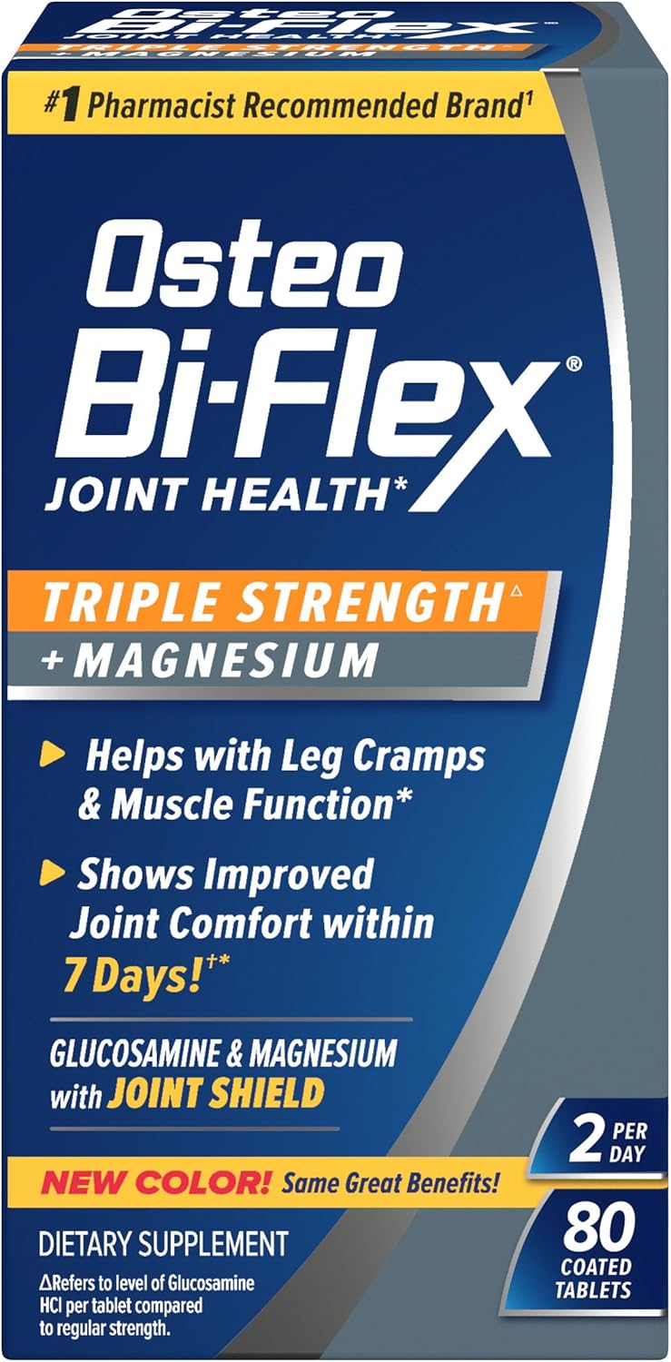 Osteo Bi-Flex Triple Strength Glucosamine Supplement with Magnesium, Improve Joint Function, Helps Leg Cramps and Muscle Function, 80 Coated Tablets