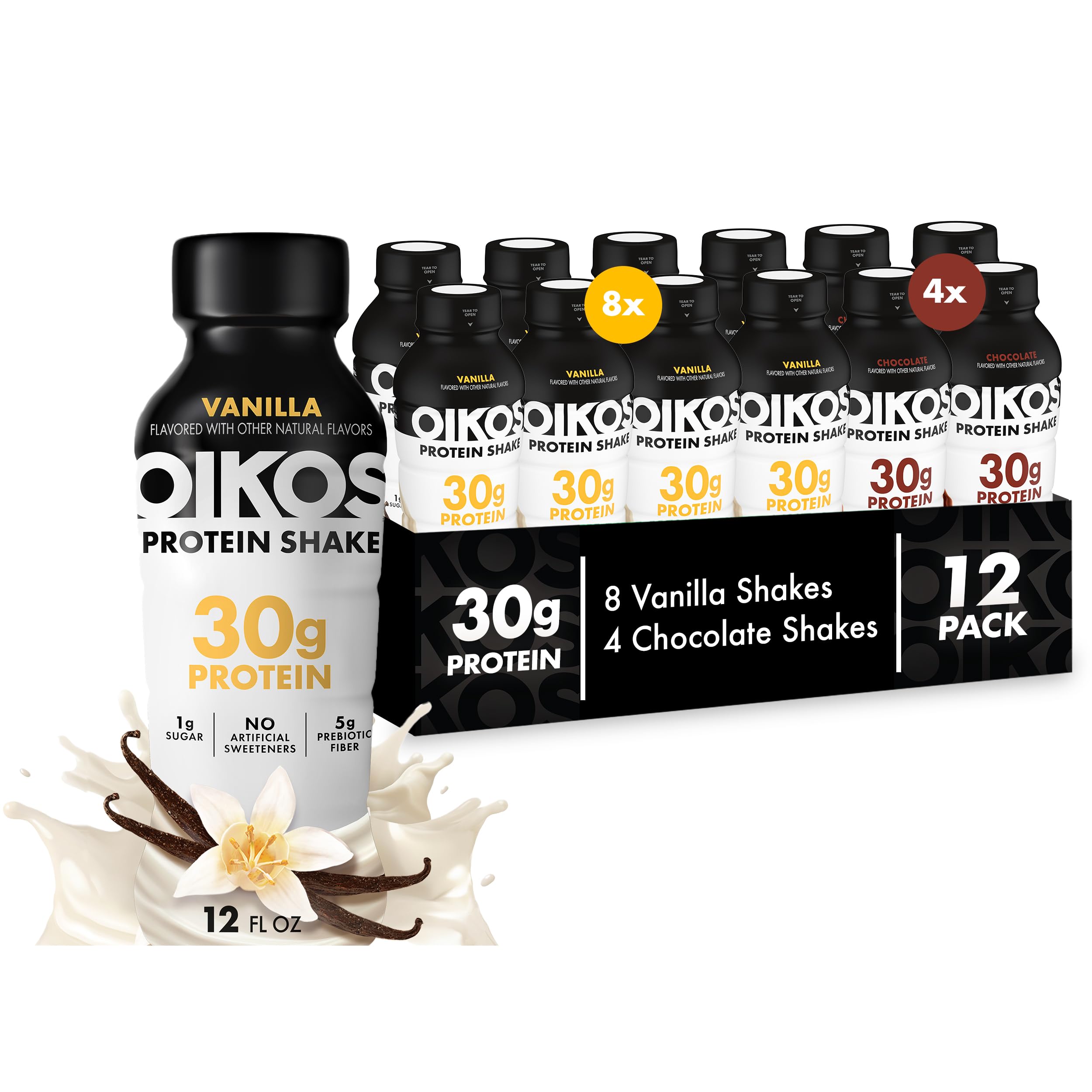Oikos Protein Shake, Salted Caramel, 30g High Protein Drinks, Shelf Stable, Ready to Drink, 5g Prebiotic Fiber, 12 fl oz Bottle, 12 Count