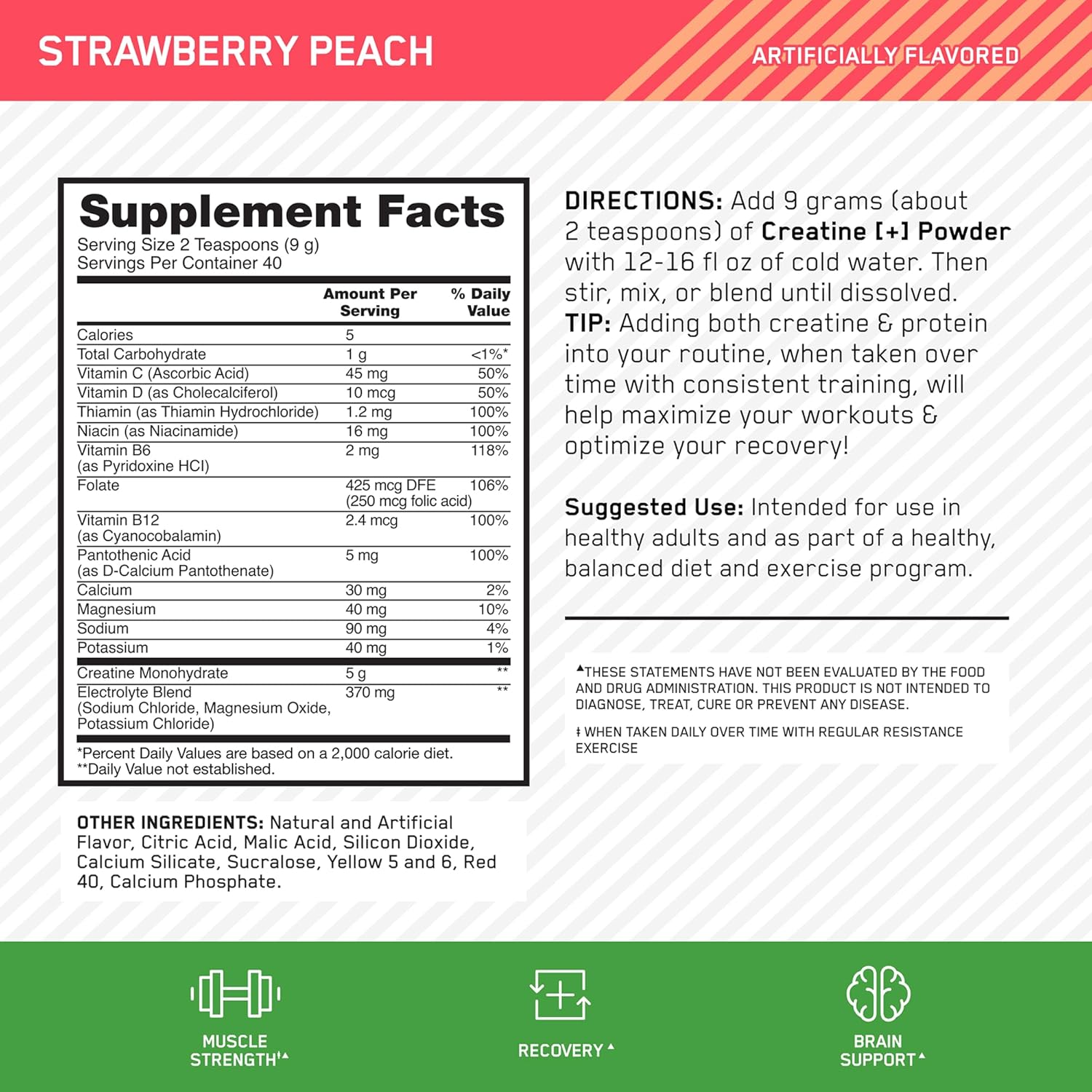 Optimum Nutrition Creatine Monohydrate Plus Powder, Strawberry Peach Flavored Creatine Performance Blend, with Electrolytes for Hydration, Added Vitamins, 40 Servings, 360 Grams (Packaging May Vary)